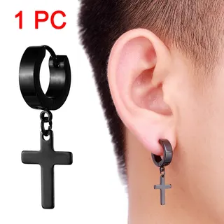 Black Cross Stainless Steel Ear Cuff Earring, No Piercing Needed, Punk Street Style Dangle Earring for Men Women, Hypoallergenic Tarnish Free, 3.2cm
