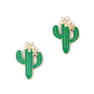 Green Cactus Earrings Boho Enamel Drop Earrings with Pearl Flower Accent 18K Gold Plated Cute Statement Earrings for Women