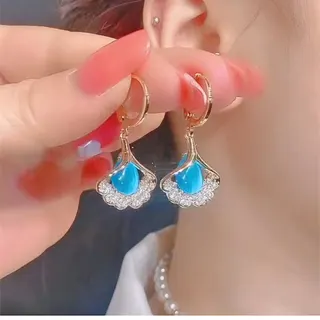 Ginkgo Leaf Cat's Eye Earrings with Rhinestones, 18K Gold Plated Alloy Dangle Hoop Earrings, Elegant French Vintage Jewelry for Women