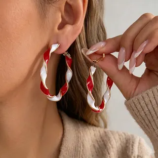 Christmas Red White Twisted Hoop Earrings, Alloy Electroplated Polished Spiral Hoops ~5cm, Festive Party Statement Earrings (Pair)