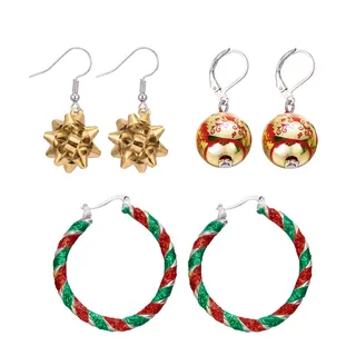 Christmas Green Earring Set of 3 - Twisted Hoop + Christmas Tree Acrylic Ball + Snowflake Dangle Earrings, White Gold Alloy, Korean Style Holiday Gift