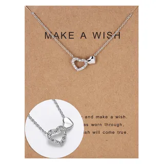 White Gold Tone Hollow Heart Pendant Necklace with Rhinestones, Adjustable 40+5cm Clavicle Chain, Double Heart Design with Make a Wish Card, Gift for Her