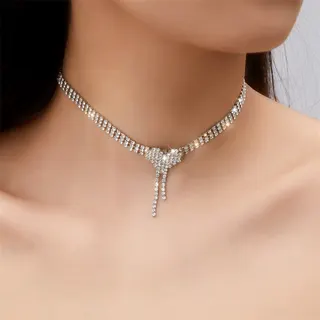 Luxury Rhinestone Heart Tassel Necklace, Alloy Micro-Paved Zircon Double Chain Adjustable Collar Necklace, Bridal Party Evening Sparkle Choker, Silver