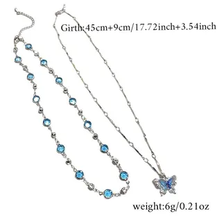 Blue Zircon Double Layer Butterfly Necklace, French Vintage Beaded Chain with Rhinestone Butterfly Pendant, Alloy Tarnish-Free, 45cm+Extender