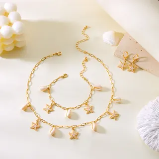 Ocean Starfish Shell Jewelry Set, Gold Alloy 18K Plated, Shell Pendant Necklace Bracelet Earrings 3-Piece Set, Boho Beach Vacation Accessories for Women