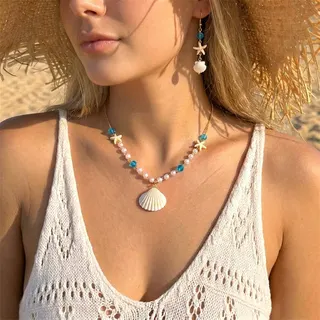 Beach Vacation Shell & Starfish Earring Necklace Set, 18K Gold Plated Alloy with Pearl Beads, Summer Boho Ocean Jewelry Set for Women