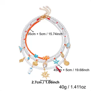 Boho Ocean Necklace for Women - Sea Star Fish Sun Shell Charm Layered Baroque Pearl Long Necklace, Adjustable 35+5cm/45+5cm, Gold Plated Alloy Ceramic Beach Vacation Jewelry