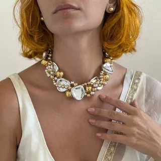 Geometric CCB Multi-Layer Wrap Necklace & Earring Set, Gold & Silver Mirror Bead Chunky Statement Jewelry, Adjustable 45+8cm, Tarnish-Free Plated Gift Set