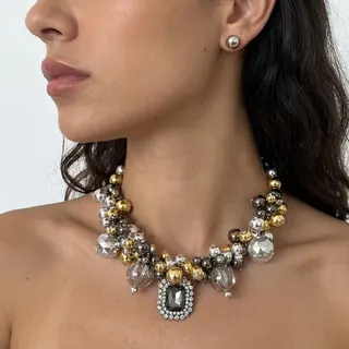 Geometric CCB Crystal Necklace & Earrings Set, Multi-tone Metal Bead Strand with Faceted Crystal Pendant, Adjustable 40+5cm, Luxury Jewelry Gift for Women