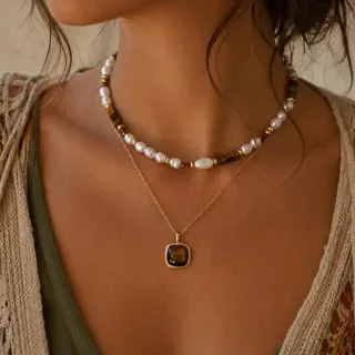 Vintage Pearl & Tiger Eye Necklace Set - Gold Square Tiger Eye Pendant + Beaded Layered Chain, 2-Piece Alloy 18K Gold Plated Boho Jewelry for Women