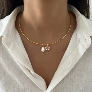 Minimalist Zircon & Pearl Drop Necklace, 18K Gold Plated Stainless Steel Choker, Hypoallergenic 14cm Clavicle Chain for Women
