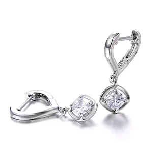 Luxury Princess-Cut Zircon Drop Earrings, White Gold-Plated Alloy, Four-Prong Setting, Secure Lever-Back Hinged Earrings for Women, Pair