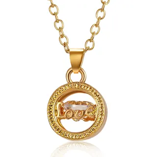 Gold Plated Love Letter Zircon Pendant Necklace, Hollow Round Rhinestone Clavicle Chain for Women, Romantic Gift for Girlfriend Wife