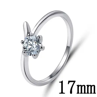 17mm White Gold-Plated Zircon Ring for Women, Six-Prong Round Cubic Zirconia Solitaire, Open Adjustable Asymmetric Band, Engagement Promise Ring