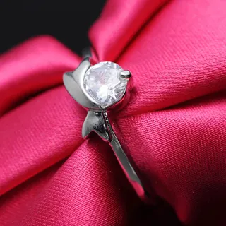 White Gold Zircon Ring for Women 17mm - Asymmetric Streamline Solitaire, Rhodium Plated Copper, Hypoallergenic, Engagement & Daily Jewelry