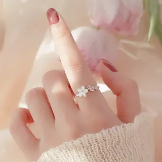Cherry Blossom Ring for Women, White Gold Tone Adjustable Open Band with Pearl & Rhinestone Petal Design, Delicate Stackable Finger Ring