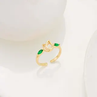 Tulip Flower Open Ring, Adjustable Banded Ring with Pink & Green Marquise Cubic Zirconia, 18K Gold Plated Copper, Delicate Statement Ring for Women