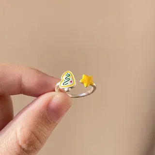 Christmas Tree Star Cartoon Open Ring, Alloy Enamel Asymmetrical Cute Finger Ring, Holiday Gift Jewelry for Women Girls