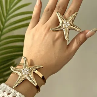 Gold Starfish Ring & Bracelet Set with Pearl Accent - Ocean Vacation Jewelry Set, 18K Gold Plated Iron, Adjustable Open Cuff, Beach Party Accessories for Women