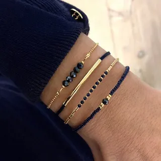 Black Gold Bracelet Set of 4 - Crystal Beaded & Woven Bangle with Arc Tube, 18cm, Minimalist Layering Jewelry for Women