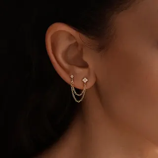 Geometric Four-Leaf Clover Earrings, Gold-Plated Copper Chain Drop Earrings with Zircon Studs, French Vintage Minimalist Jewelry for Women