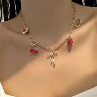 Vintage Sweet Multi-Charm Necklace - Heart Cherry Strawberry Bow Alloy 18K Gold Plated Adjustable Collar Chain