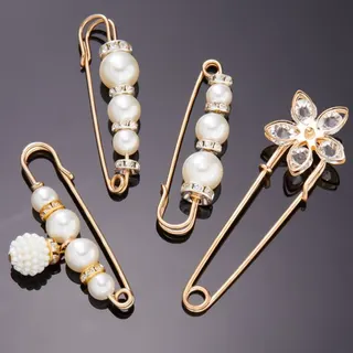 4-Piece Pearl & Crystal Brooch Set - Gold Tone Alloy Safety Pin Brooches with Flower Pendant, Imitation Pearl & Rhinestone, Wedding Commute Jewelry for Women