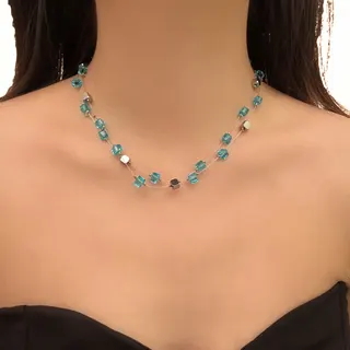 Blue Square Gemstone Necklace Women Double Layer Delicate Chain Collarbone Necklace Alloy Color-Lasting Beaded Choker 39+5cm