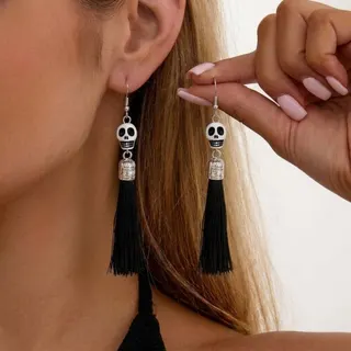 Halloween Skull Tassel Earrings - Alloy Painted Long Dangle Earrings, Gothic Party & Cosplay Jewelry, Multi-Color (Red/Black/White/Pink/Orange), 1 Pair