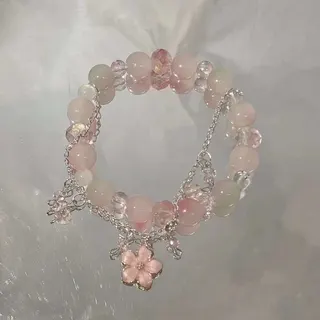 Pink Flower Beaded Bracelet with Crystal Cut Beads & Blossom Charm, Stretchy Sweet Girl Jewelry Gift