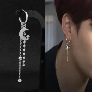 Men's Moon Earring Stainless Steel Long Tassel Hoop Earring Geometric Star Chain Single Side 8cm Hypoallergenic Silver