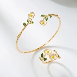 French Daisy Enamel Open Bangle Bracelet & Ring Set, 18K Gold Plated Alloy, Adjustable Cuff with White Daisies & Green Leaves, 2-Piece Jewelry Gift Set