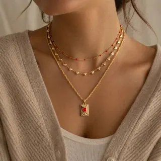 Valentine's Day Heart Envelope Necklace 3-Piece Set, Gold Plated Alloy Layered Chain with Red Heart Charm, 38cm+5cm Extender, Gift for Her