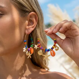 Boho Beach Starfish Shell Earrings - Gold Alloy Ceramic Ocean Hoop Dangle Earrings with Starfish, Seashell, Conch & Fish Charms, Large 9.5cm Vacation Statement Earrings for Women