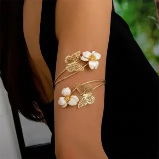 Gold Butterfly Flower Open Arm Cuff Bracelet, Hollowed Butterfly & Hammered Blossom Design, Adjustable Arm Ring, Vintage Luxury Jewelry for Women