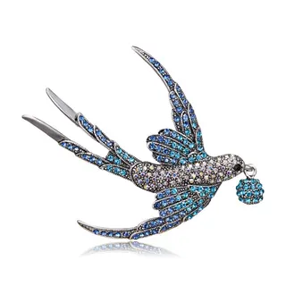 Swallow Bird Brooch - Rhinestone Paved Kite Bird Pin, White Gold Plated Alloy with Blue & Clear Crystals, Elegant Vintage Jewelry for Women, 5.5x7cm