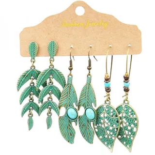 Boho Vintage Leaf Earrings Set of 3 - Antique Bronze Openwork & Turquoise Natural Stone Dangle Earrings, Ethnic Statement Jewelry for Women
