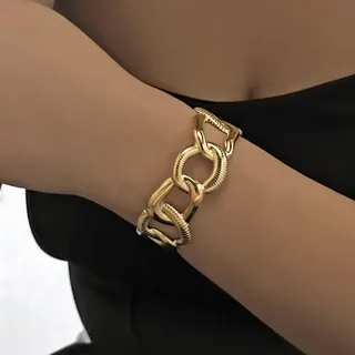 Stainless Steel Gold Bracelet for Women - 18K Gold Plated Textured Chain Cuff, Geometric Link Bangle, Hypoallergenic Tarnish-Free, 6.0cm