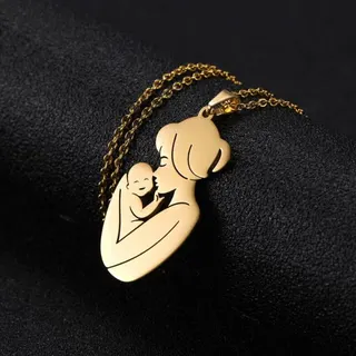 Mother Holding Baby Pendant Necklace, Gold Stainless Steel Mom & Child Silhouette Locket Chain, Hypoallergenic 18K Gold Plated, Mother's Day Gift for Women