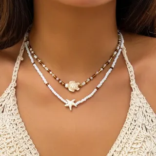 Seahorse & Starfish Beaded Necklace Set - Double Layer Ocean Vacation Strand Necklace, White K Gold Plated, Elastic Cord, Boho Summer Jewelry (2pcs)