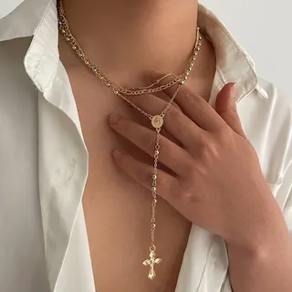 Gold Cross Pendant Layered Necklace Set - 18K Gold Plated Alloy Multi-Chain Long Necklace with Round Bead Medallion & Cross Charm, Vintage Religious Statement Jewelry for Women