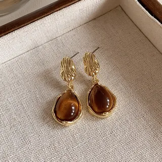 Vintage Tiger Eye Drop Earrings - Amber Coffee Cat's Eye Dangle Earrings, 18K Gold Plated Alloy, French Retro Maillard Style, 3cm