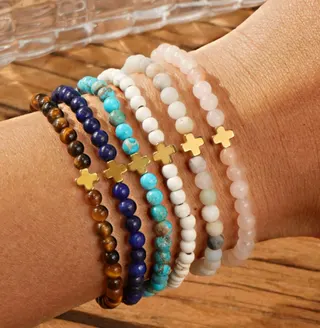 Natural Stone Cross Bracelet Set - 6pcs Semi-Precious Bead Bracelets with 18K Gold Plated Copper Cross, Tiger Eye Lapis Lazuli Turquoise White Agate Rose Quartz, 6cm Stackable Boho Jewelry for Women