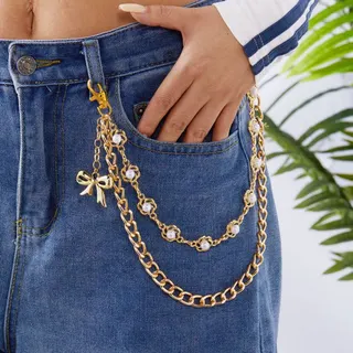 Gold Pearl Bow Multi-Layer Waist Chain Belt - Alloy 18K Gold Plated Denim Pants Chain with Butterfly Pendant, 50cm Y2K Fashion Accessory
