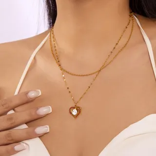 Double Layer Heart Necklace for Women, 18K Gold Plated Stainless Steel with Zirconia Micro-Pavé Heart Pendant, 40+5cm Layered Choker Chain, Gift for Her