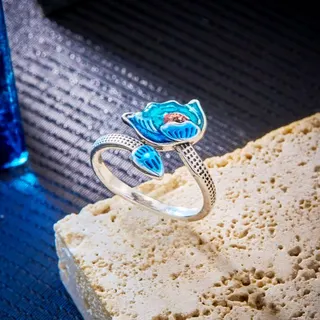 Cloisonne Lotus Flower Ring for Women, Adjustable Open-Back Enamel Blue Ring, New Chinese Style Vintage Alloy Finger Ring with Hollow Dot Texture, Approx 1.7cm