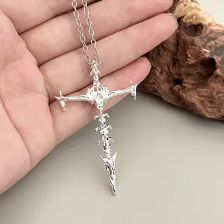 Gothic Bone Cross Necklace, Punk Dark Alloy Silver Plated Pendant with Rhinestone, 40+5cm Adjustable Chain