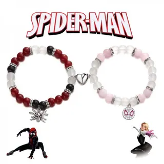 Spider Couple Bracelet Set - Glass Bead Stretch Bracelets with Spider-Man Mask & 3D Spider Charm, Magnetic Clasp, 18cm Elastic, Red-Black & Pink-White Pair