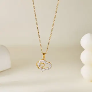 Gold Heart Necklace for Women, Stainless Steel Double Layer Love Pendant with Rhinestone, 18K Gold Plated Tarnish Free Clavicle Chain, 40+5cm Adjustable, Gift for Her