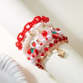 Strawberry 6-Piece Bracelet Set, Red & White Sweet Stacking Bracelets, Alloy Resin Polymer Clay with Pearl Bow & Crystal Beads, Girly Ins Style Gift for Her